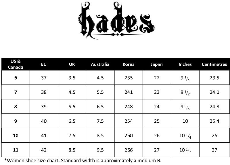 Hades Shoes and Boots Size Chart